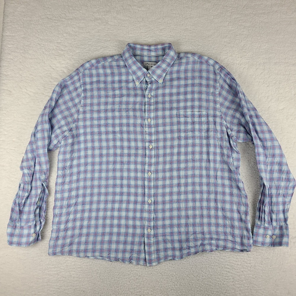 Peter‎ Millar Dress Shirt Mens 2XL XXL Blue Purple Check 100% Linen Button Up
